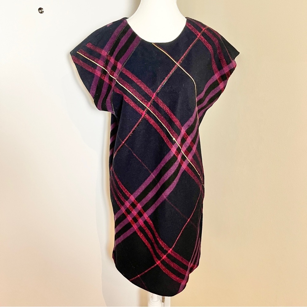 Wool Blend Plaid Mini Sheath Dress Navy, Pink Gold Italian Vintage Style, S/M